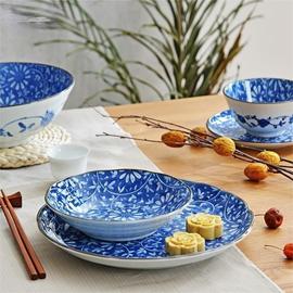 美浓烧日本制造进口蓝华系列套装饭碗面碗汤碗和风碗盘餐具复古风