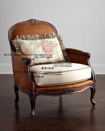 法国法式乡村风格实木雕花铆钉油蜡皮布艺单人位沙发椅洽谈椅家具