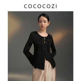 cococozi城市漫步14姆米顺纡缎新中式喇叭袖，开衫真丝上衣女秋