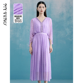 马天奴(马天奴)紫色，v领缝钻连衣裙收腰大摆长裙，坠感度假裙2024夏季