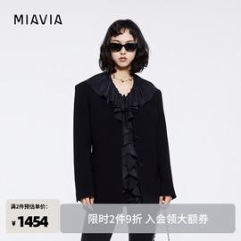 MIAVIA无领V领垫肩设计中长款长袖黑色西装外套女