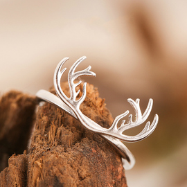 森系原创设计S925纯银饰品时尚简约开口鹿角戒指女指环可调节尾戒