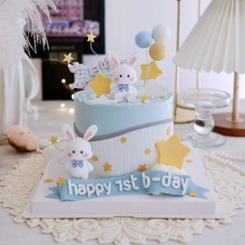 宝宝周岁蛋糕装饰长耳朵兔子软胶摆件装扮烘焙可爱甜品台蛋糕插件