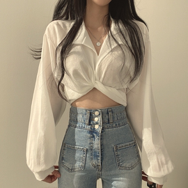 韩国chic春季法式小众设计感后背系带蝴蝶结露肚脐短款衬衫上衣女