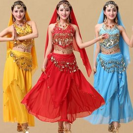 舞演出服民族风，新疆舞蹈肚皮舞表演服装，成人吊币裙子套装