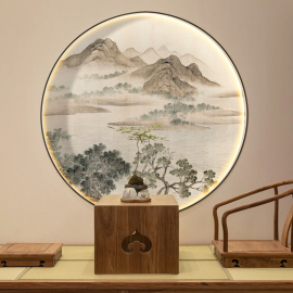 山水新中式禅意玄关装饰画背景墙壁纸，3d国画茶室壁画圆形客厅餐厅