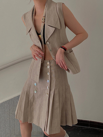 abow丨时髦精法式燕尾西装领定制亚麻马甲两段式超嗲百褶裙