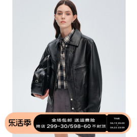 DESIGNER PLUS  黑色机车皮衣外套女小个子短款美式复古飞行夹克