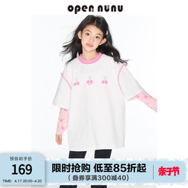 opennunu女童樱桃短袖t恤春夏，款印花贝壳，绣圆领撞色儿童纯棉上衣