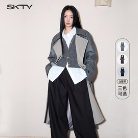 skty复古pu皮质风衣外套，女高级感气质设计中长款休闲百搭显瘦大衣