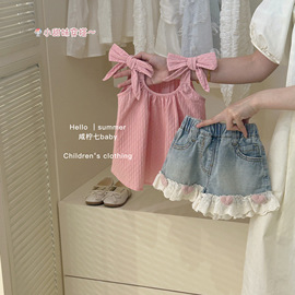 夏季女童韩版洋气粉色吊带，娃娃衫儿童设计感无袖背心衬衫宝宝上衣