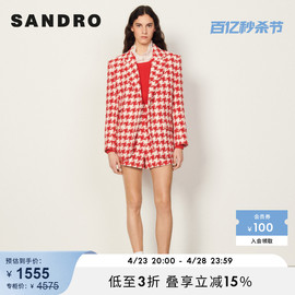 SANDRO Outlet女装春季法式粗花呢千鸟格红色西装外套SFPVE00635