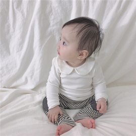 婴儿秋装衣服女韩版纯棉，百搭上衣宝宝纯色，翻领长袖t恤打底衫