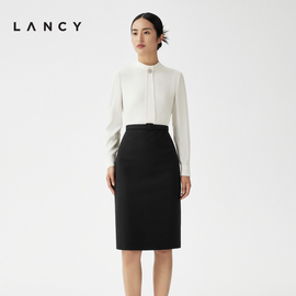 LANCY/朗姿2023秋冬收腰气质黑白撞色连衣裙女桑蚕丝优雅高级