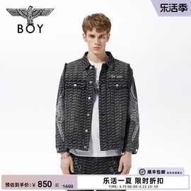 BOYLONDON秋冬情侣款满印翅膀绣花拼接朋克牛仔短外套夹克N50006