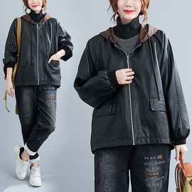 韩版大码女装夹克外套上衣冬装宽松pu连帽皮衣加厚显瘦长袖棒球服