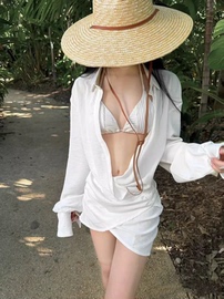 泳衣女白色三角小胸比基尼性感纯欲风度假裙套装海岛防晒长袖温泉