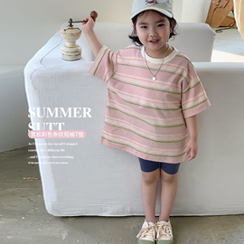 女童短袖t恤夏装，2024韩版洋气儿童宽松彩条，上衣夏季女宝体恤