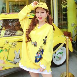 2022秋季韩版套头宽松上衣女百搭假两件长袖学生黄色可爱卫衣