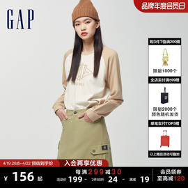 gap女装2024春季logo撞色拼接插肩袖，圆领长袖t恤上衣496389