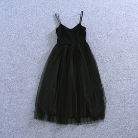 黑色针织拼接网纱吊带裙，连衣裙打底裙无袖背心，裙中长修身仙女裙子