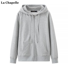 拉夏贝尔/La Chapelle连帽拉链灰色卫衣女春季小个子开衫外套