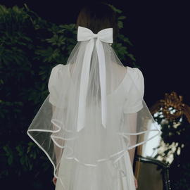 韩式新娘婚礼头纱超仙森系旅拍蝴蝶结婚头饰，领证登记拍照双层
