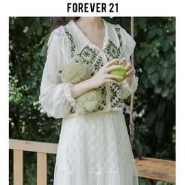 Forever 21镂空碎花长袖衬衫女拼接绿色马甲翻领雪纺网纱短款上衣