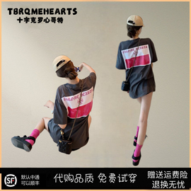 TBRQMEHEARTS 十字克罗心哥潮牌梵文灰色短袖t恤女小众短袖宽松男