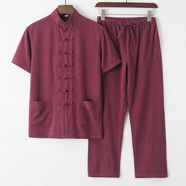 国潮唐装男短袖套装中年老年夏装亚麻休闲两件套中式汉服古风半袖