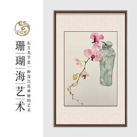 极简风格纯手绘油画新中式，简美花卉客厅，装饰画静物花瓶玄关挂画