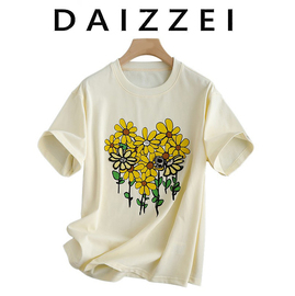 DAIZZEI~2022夏季立体趣味雏菊花朵印花宽松短袖T恤女上衣潮