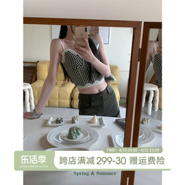 joeyjoy酒一黑色格子抹胸，上衣女时尚蕾丝打底夏辣妹(夏辣妹)修身吊带