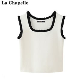拉夏贝尔/La Chapelle夏季木耳边背心撞色条纹百搭无袖上衣女