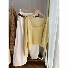 B246016温柔鹅黄色针织吊带加开衫两件套毛衣女春装