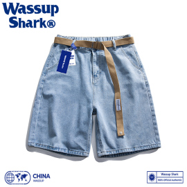 wassupshark美式牛仔短裤男夏季薄款五分裤潮牌宽松休闲裤子男款