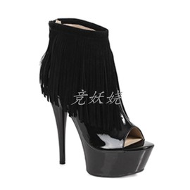 美国Ellie Shoes15.24cm黑色丝绒流苏条纹后拉链防水台鱼嘴短靴