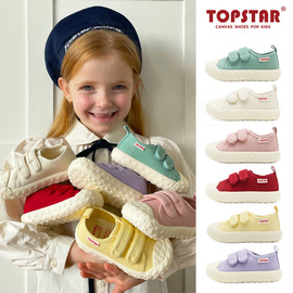 topstar儿童糖果色帆布鞋春秋，韩版女童魔术贴板鞋幼儿园小白鞋潮