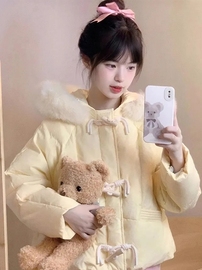 奶黄色连帽棉服外套女冬季小个子短款加厚保暖面包，服棉衣棉袄