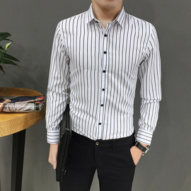 XS码S号条纹衬衫男韩版潮流修身长袖寸衫矮小个子商务小码衬衣155