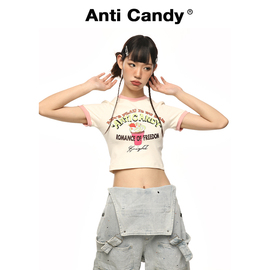 Anti Candy不糖复古美式甜心短款t恤女冰淇淋拼色发泡印花短袖T恤