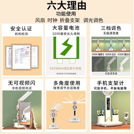 双头照明led风扇充电台灯护眼学习大学生，宿舍插电卧室智能床头灯