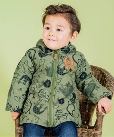 日本BIT'Z 小童装宝宝卡其色军绿动物园满印连帽拉链防水棉服外套