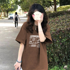 棕色短袖t恤女夏季宽松oversize复古小众别致设计感印花上衣