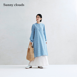 春季桑妮库拉sunnyclouds纯棉，灯笼袖格子，衬衫裙中长裙浅蓝