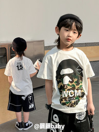 23夏季日系潮男儿童装上衣迷彩，印花白色百搭休闲纯棉短袖t恤