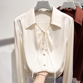 2024韩国气质显瘦翻领系带纯色单排扣长袖雪纺衬衫女春季