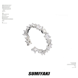 sumiyaki925纯银戒指锆石方块，叠戴对戒情侣小众设计高级感开口戒