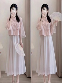 新中式国风粉色倒大袖改良旗袍上衣两件套装裙设计感小众连衣裙夏