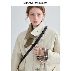 VEGA CHANG飞机扣棉衣女2023冬装方领拼接菱格棉服外套